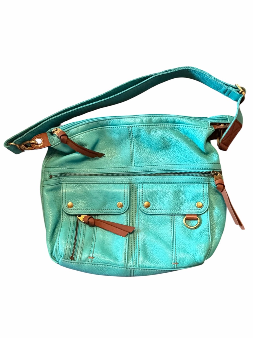 Fossil Morgan Teal Turquoise Pebble Leather Traveler Crossbody Bag Very Nice